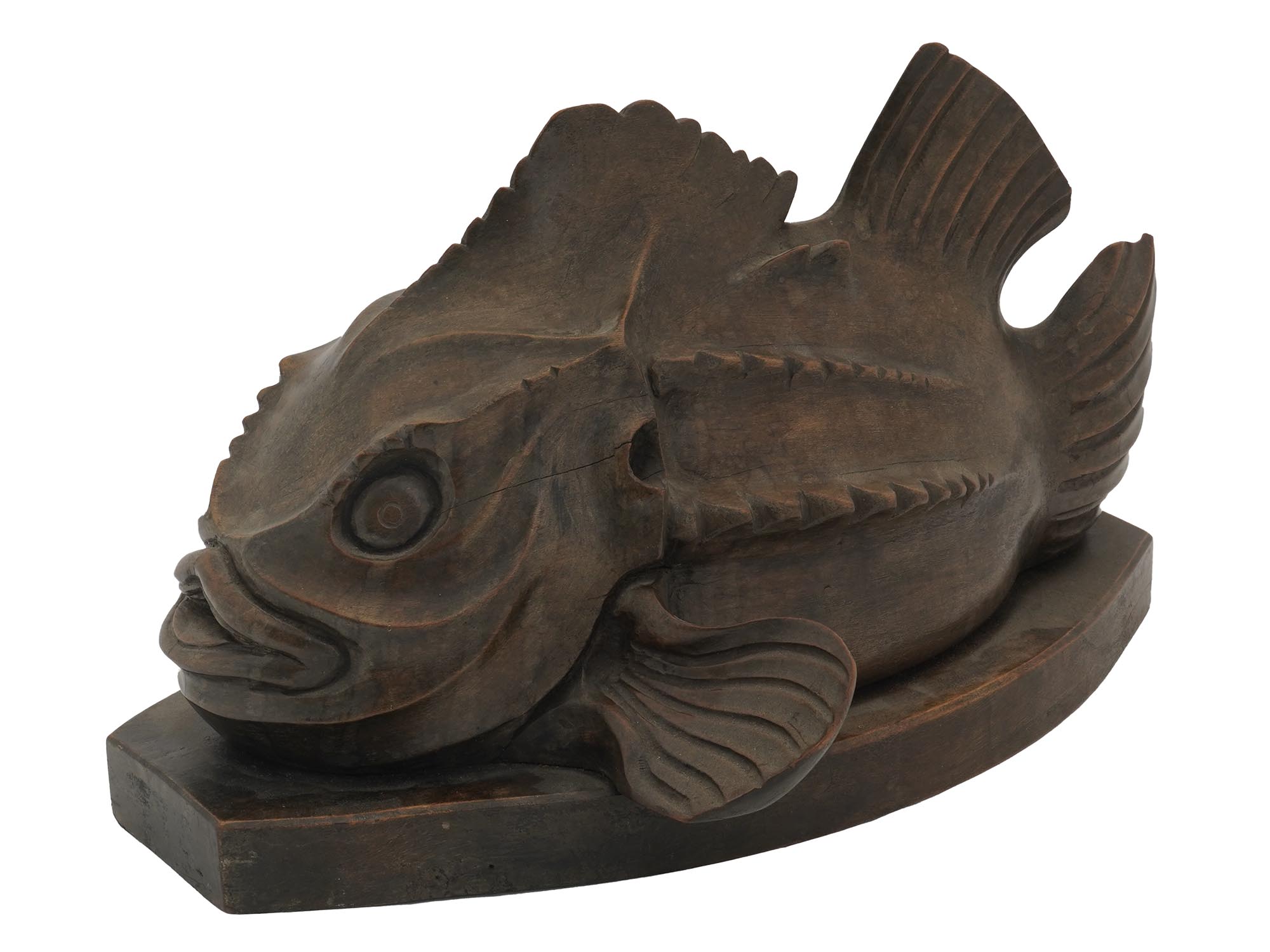 MID CENTURY WOOD CARVED FISH FIGURE SIGNED C.BALE PIC-2